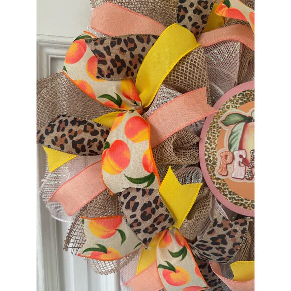 Handmade Peach Leopard Print Deco Mesh Wreath, Summer Front Door Hanger Decor - Picture 3 of 7